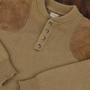 Filson 714 Guide Sweater Mens Large Tan Virgin Wool Suede Shooting Patch Henley